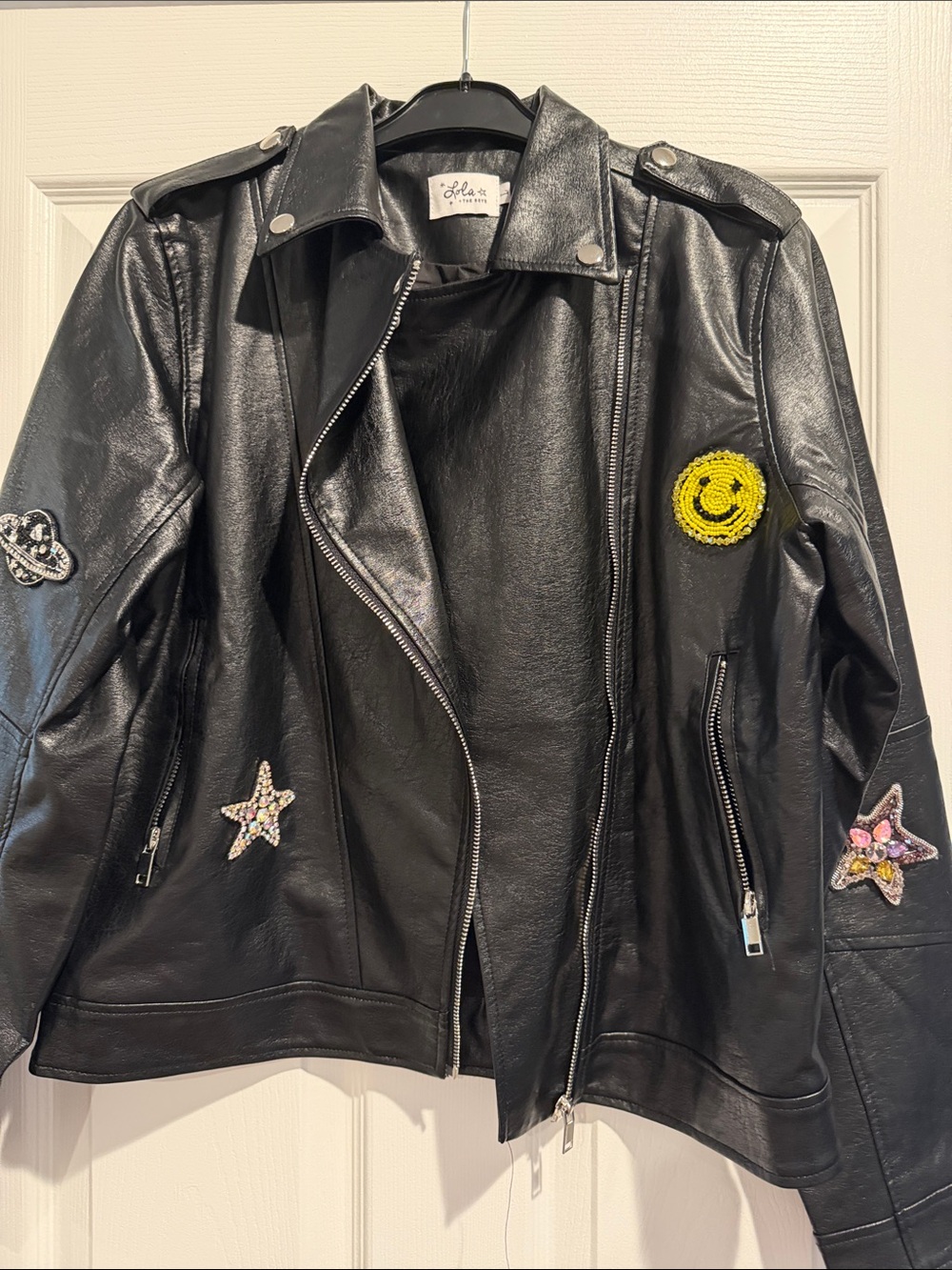 Lola & the Boys Black Leather Moto Jacket with Embellishment Womens size L